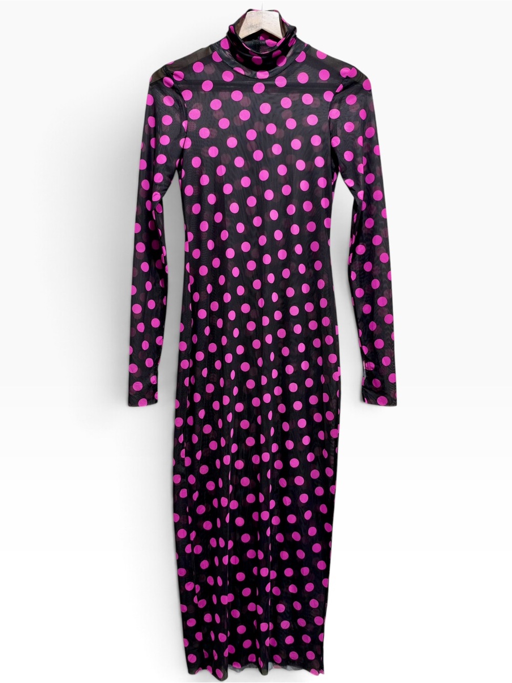 AFRM Black Pink Polka Dot Sheer Mesh Roll Neck Maxi Dress S